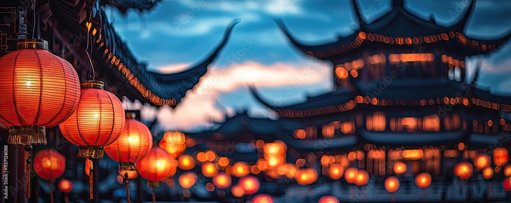 Poster chinese lanterns idea. serene view of traditional lanterns illuminating ancient architecture at dusk