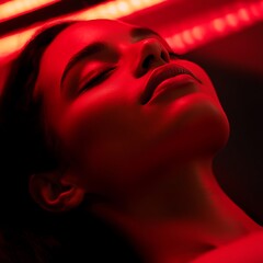 Woman Reclining Peacefully in Soft Red Light, Ethereal Calmness