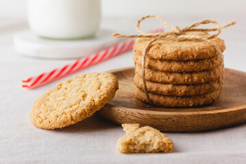 Oatmeal cookies on a wooden plate