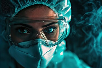 A female scientist in protective gear, serious expression, cool lab lighting, sterile research environment,