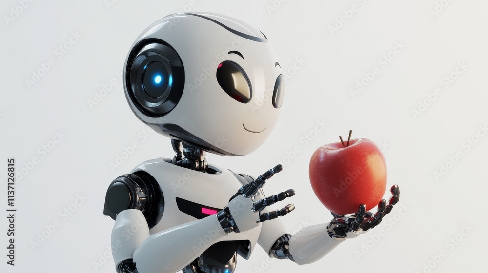 Poster a cheerful robot with large expressive eyes holds a bright red apple, offering a friendly and welcom