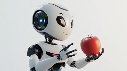 A cheerful robot with large expressive eyes holds a bright red apple, offering a friendly and welcoming gesture. The minimalistic white background enhances the robot. AI Generation