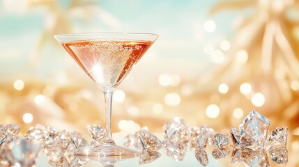 A sparkling cocktail in a martini glass surrounded by glimmering diamonds, symbolizing luxury, romance, and an elegant Valentine's Day celebration.