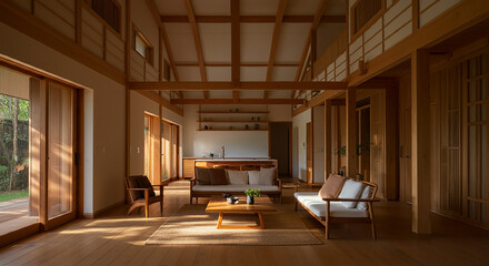 Modern Japanese Style Home Interior Design Tranquil Living Room with Wooden Beams