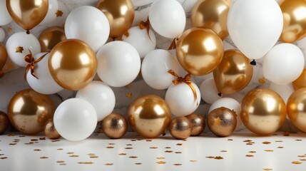 A wall covered in gold and white balloons with a gold ball in the middle