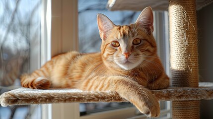 Ginger tabby kitten lounging on a cat tree by a sunlit window.