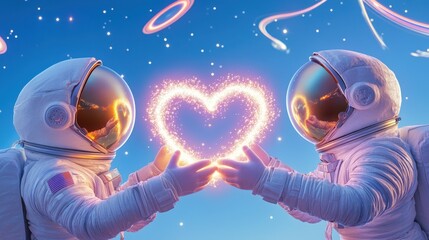 Two astronauts holding hands and forming a glowing heart shape against a vibrant cosmic background, symbolizing love, connection, and a futuristic Valentine's Day.