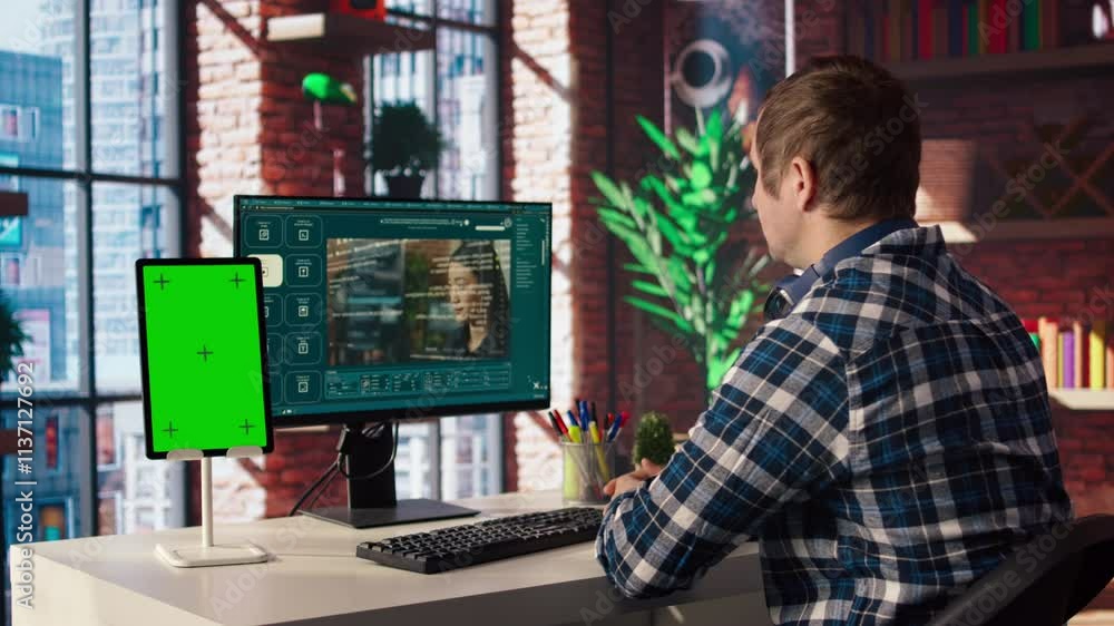 Poster man watching video guide on mockup device about generative artificial intelligence generating videos