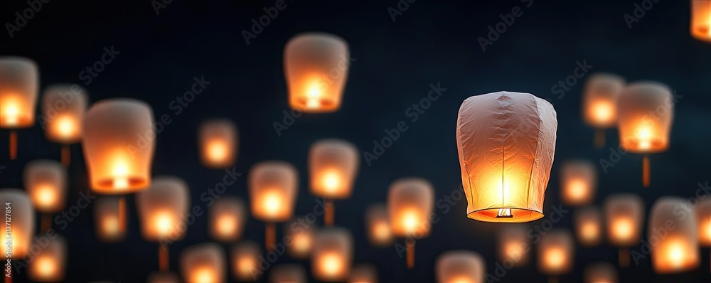 Poster chinese lanterns idea. a beautiful display of floating lanterns illuminating the night sky.