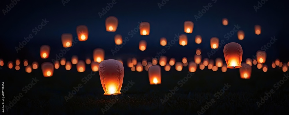 Poster chinese lanterns idea. a stunning display of illuminated lanterns floating against a dark night sky.