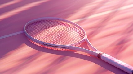 Vibrant red tennis racket resting on a brightly lit tennis court capturing the energy motion and competitive spirit of the sport  This image evokes a sense of athletic prowess skill