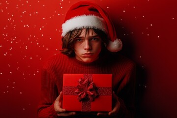 Yule promotion concept pic shot for billboard and web use. Young man discontented in a red xmas hat, with surprise box. Gift card offers. Santa claus scene. Merry festive graphics.