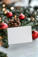 Obraz premium White Paper Mockup for Invitation or Greeting Card on Christmas Background with Festive Decor