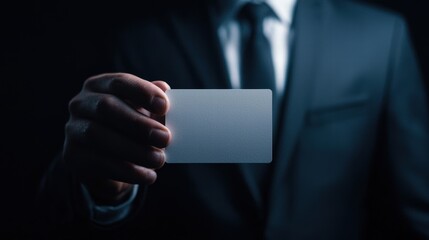 Naklejka premium Business professional presenting a blank card in a dark setting