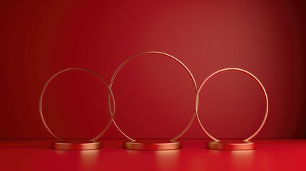 Three circular displays on a red background, ideal for showcasing products or awards.