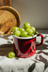 Gooseberries in a red enamel mug in sunlight