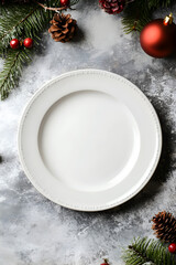 Mockup of Christmas plate on festive light background with decorations