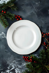 Mockup of Christmas plate on festive dark background with decorations