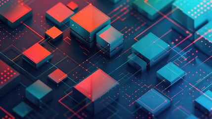 Abstract 3D geometric shapes with vibrant colors and digital patterns.