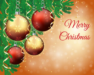 Merry Christmas and New Year holiday greeting card design. Christmas balls are red and gold with snowflakes and serpentine on the Christmas tree branches. Christmas decorations
