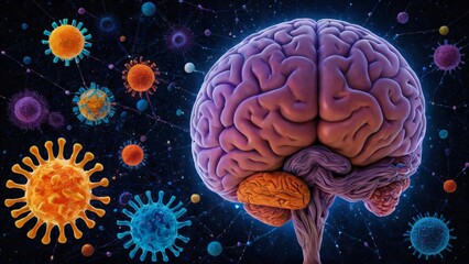 Fototapeta premium Human Brain Anatomy Surrounded by Viruses and Bacteria: A 3D Medical Illustration Depicting Neurological Infection