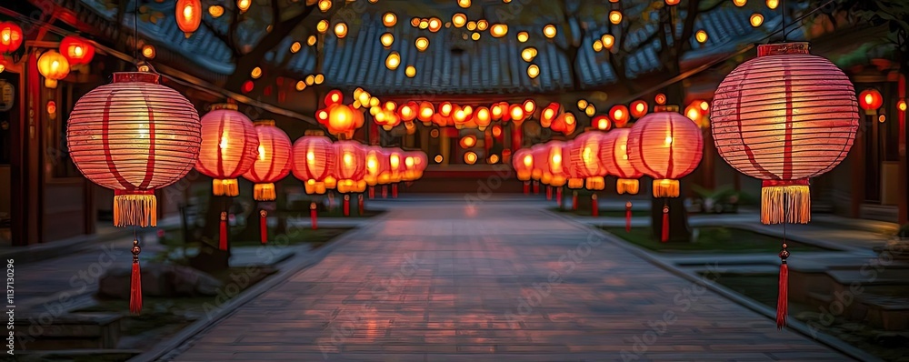 Poster chinese lanterns idea. colorful lanterns illuminate a tranquil pathway, creating a serene ambiance a