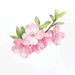 Fototapeta premium A delicate watercolor illustration of pink cherry blossoms on a branch, showcasing soft petals and vibrant green leaves against a white background.