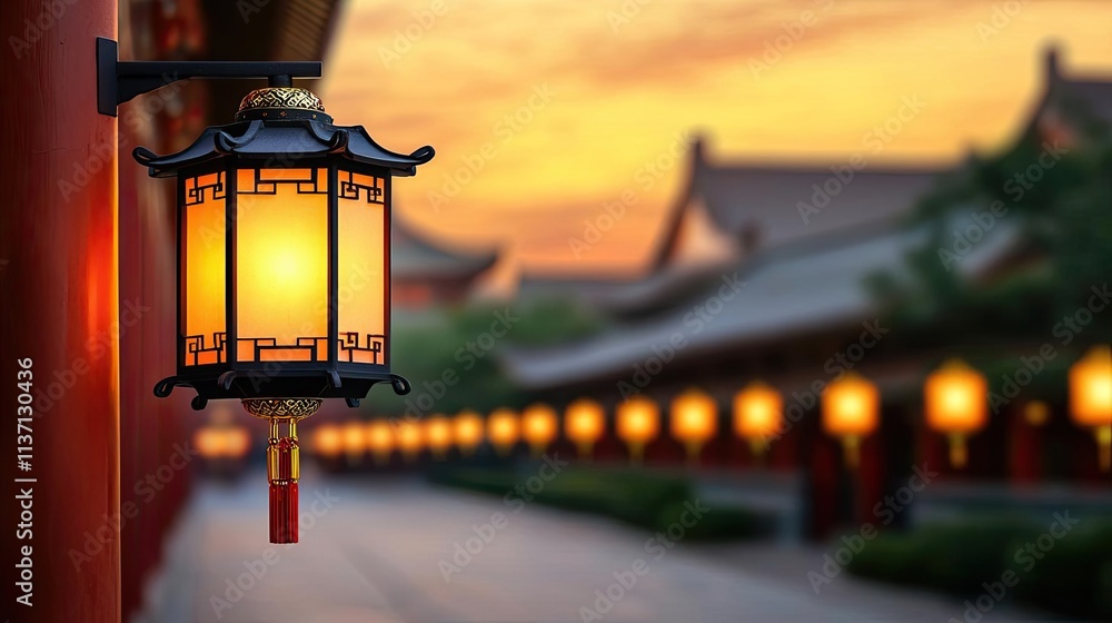 Poster chinese lanterns idea. a beautiful lantern illuminating a serene pathway at sunset in an ancient arc