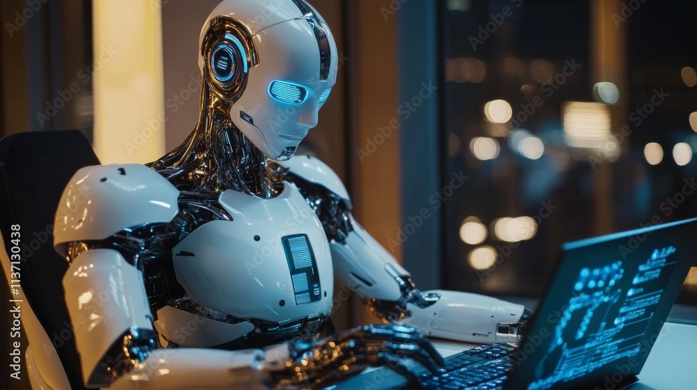 Poster a humanoid robot focuses on a laptop, typing and working in a modern office. the advanced technology