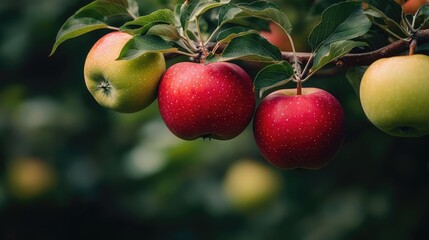 Apple harvest idea. Fresh apples hanging from a branch in a natural orchard setting.