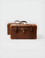 Set of three rusted vintage 200 year old suitcase isolated on transparent background. Concept of history and heritage, Dynamic motion, with white tones