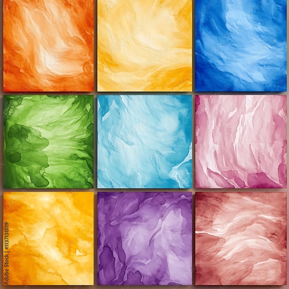 Poster vibrant watercolor texture collection featuring nine distinct squares in vivid colors on a subtle pa