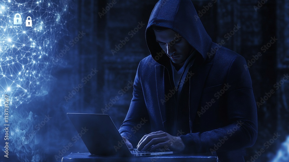 Poster a hooded hacker working on a laptop, illuminated by a dim, digital environment, evoking a sense of o