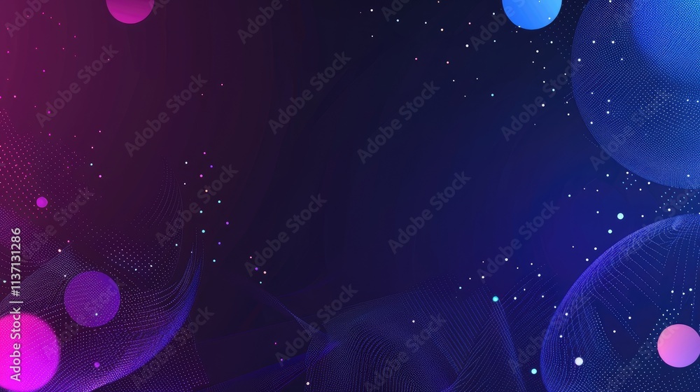 Poster abstract digital background with colorful spheres and flowing lines.