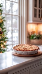 A freshly baked pie on a countertop in a cozy kitchen, with a festive tree in the background.