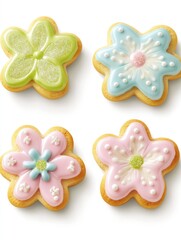 Colorful flower-shaped cookies decorated with icing and sprinkles for a festive treat.