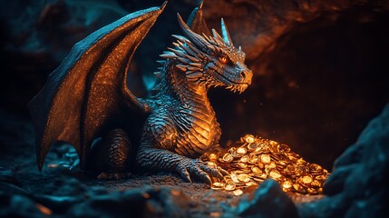 A majestic dragon guards its hoard of gold coins