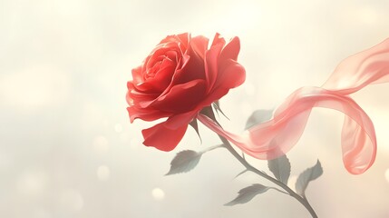 Elegant red rose with flowing ribbon nature scene floral photography soft light close-up beauty and emotion