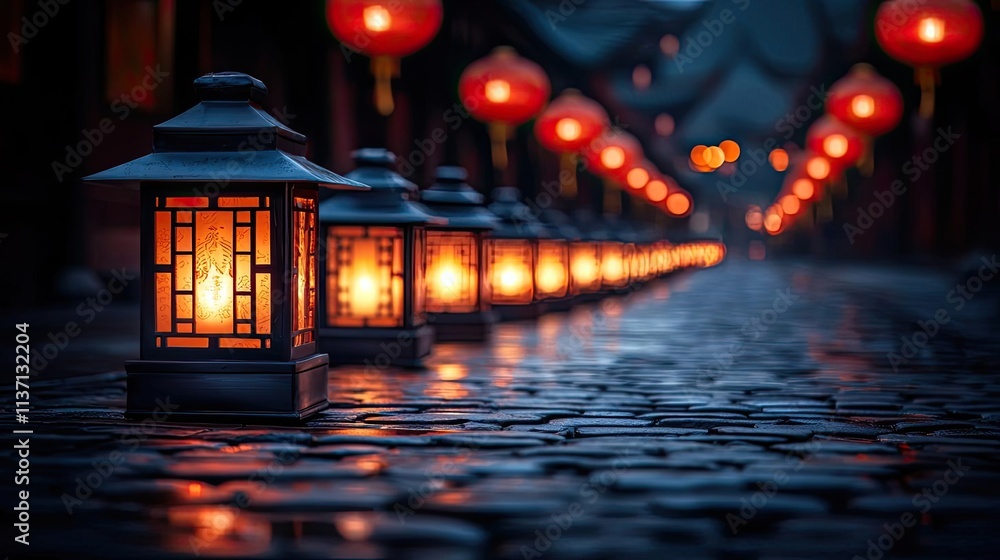 Aufkleber chinese lanterns idea. warm lantern glow illuminates a serene cobblestone pathway in an enchanting s