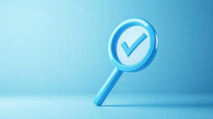 Blue magnifying glass with a checkmark on a light background