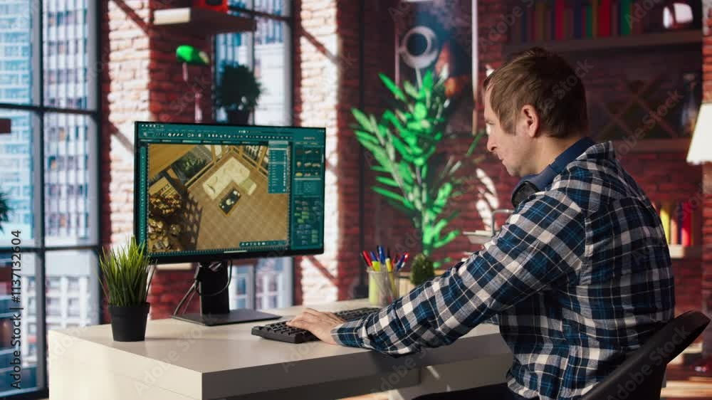 Aufkleber freelancer working from home moving assets in 3d modeling program, doing interior design project. te