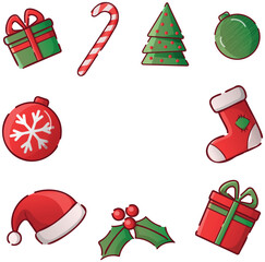 Merry Christmas cute cartoon card template design stickers clipart with Christmas symbols. Christmas balls, Christmas tree, boxes with gifts, Santa Claus hat, snowflakes on a transparent background