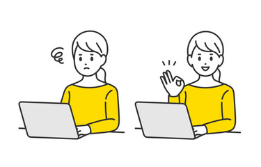 パソコンを見て悩む･OKサインのポーズをする若い女性のセット【人物ベクターイラスト素材】