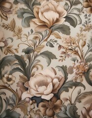 Elegant floral wallpaper with beige and brown hues.