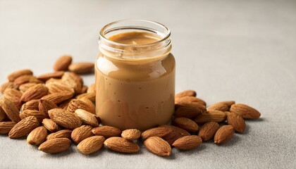 Jar of creamy almond butter surrounded by almonds.