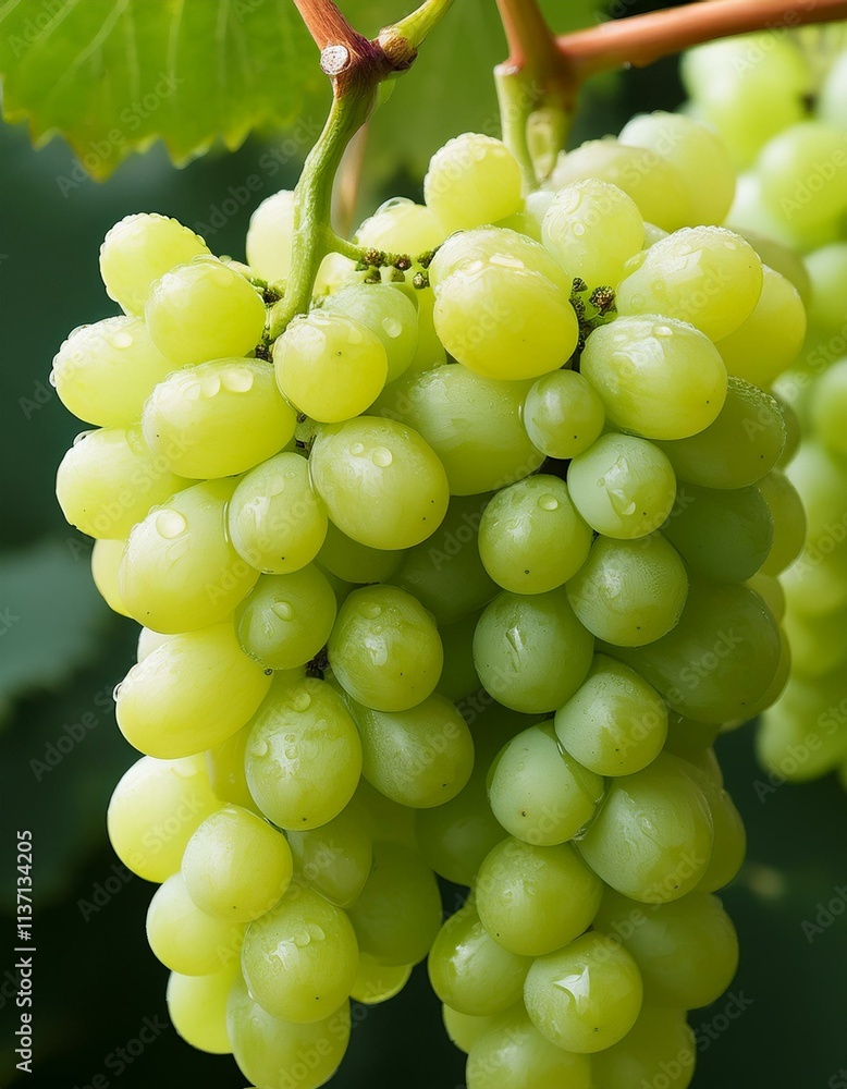 Wall mural Juicy green grapes glistening with morning dew.