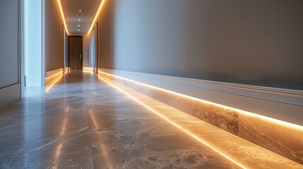 Elegant marble hallway with warm LED cove lighting illuminating the baseboards.