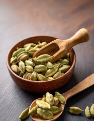 Green cardamom pods in a wooden bowl, ready for use.