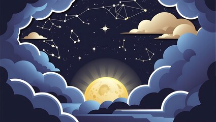 Night Sky Scene with Moon Clouds and Constellations