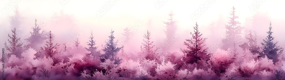 Poster a serene forest scene featuring evergreen trees shrouded in soft mist. the subtle gradient of pink a